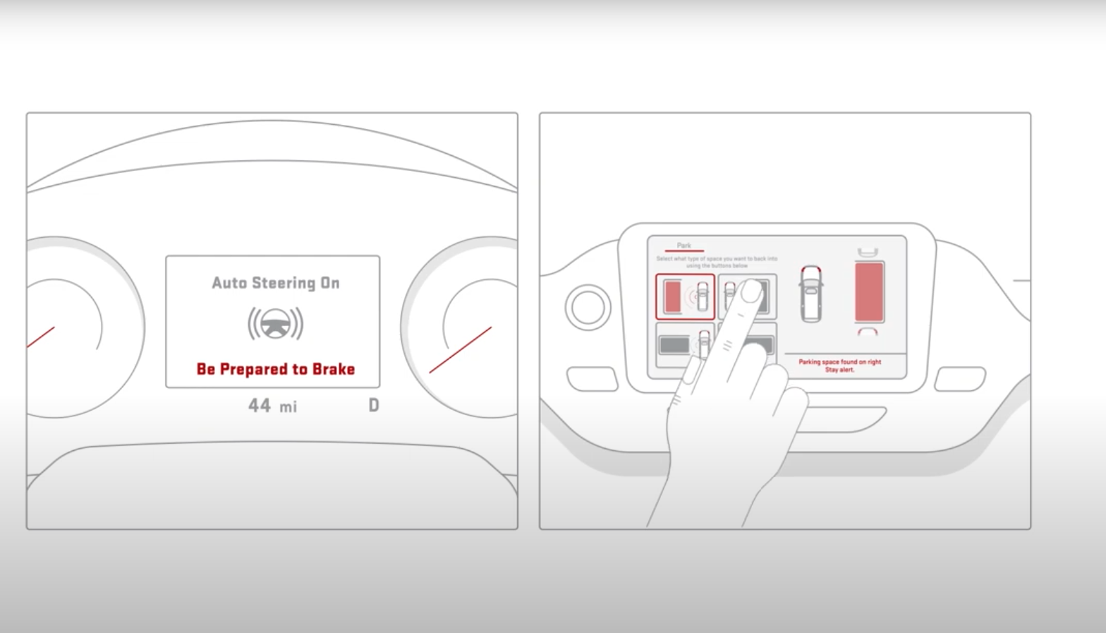 Illustration of a Buick or GMC dashboard and touchscreen showing Automatic Parking Assist activation and steering guidance